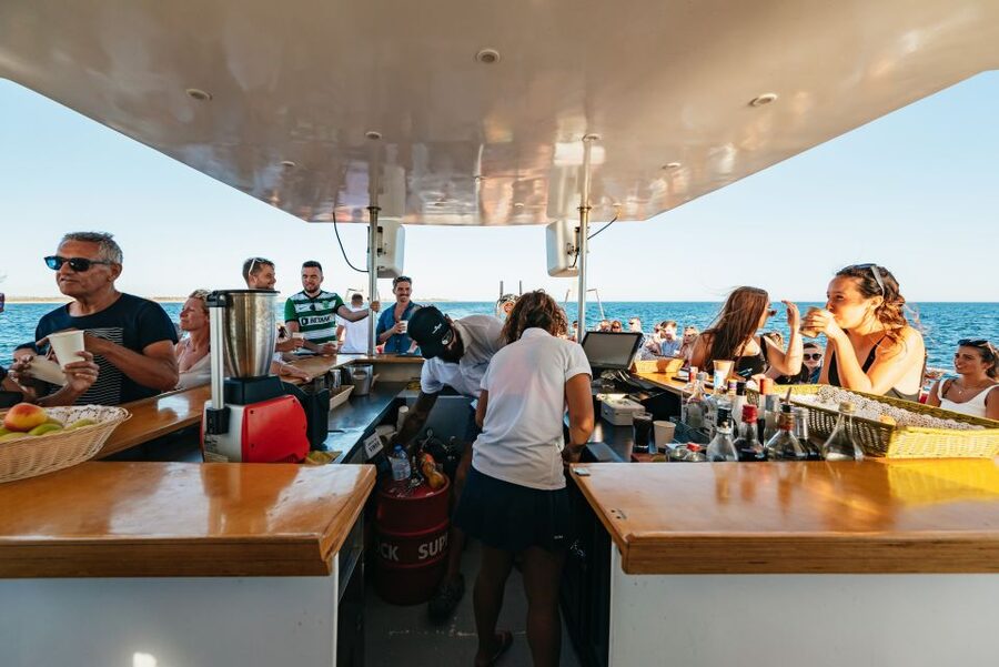 From Albufeira: Sunset Cruise and Beach BBQ with Open Bar - DJ, Fire Performance, and the Vibe on the Private Beach