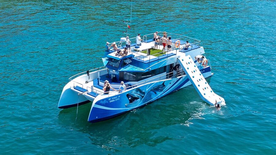 Lagos: Dolphins & Caves - Catamaran - The swimming bay and the inflatable water slide